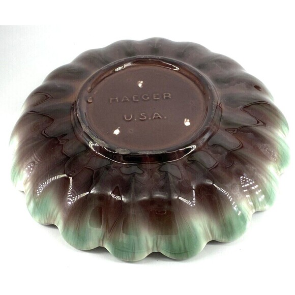 Vintage Royal Haeger Pottery Green & Brown Console Shallow Scalloped Bowl 13" - Picture 3 of 5